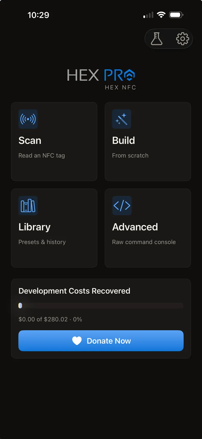 The Hex NFC home screen showing a four-tile grid and the development costs progress bar.