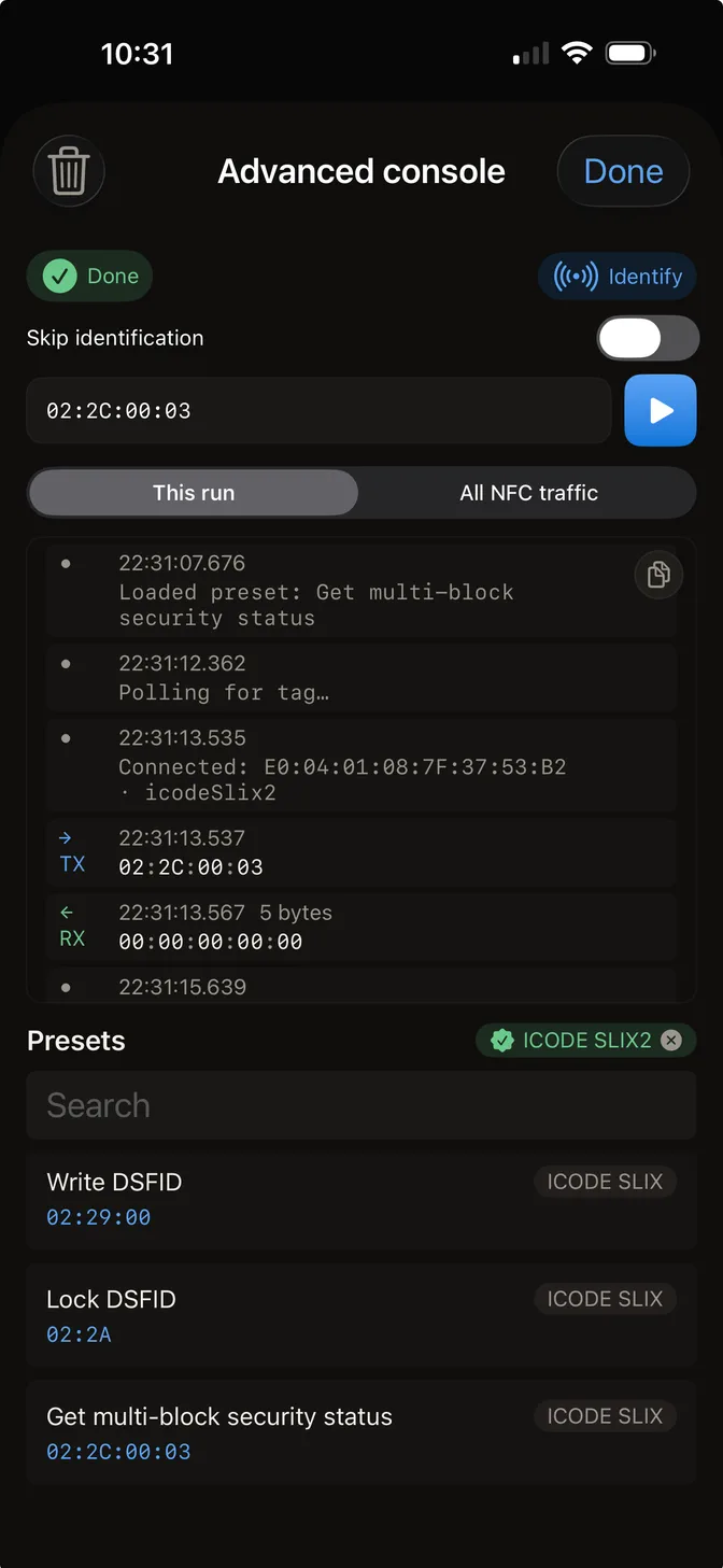 The Hex NFC advanced console sending a raw command to an ICODE SLIX2 tag, with the transmit and receive lines of the trace and a preset list below.
