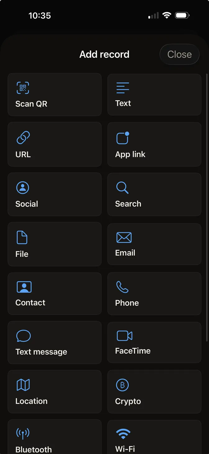 The Hex NFC add-record sheet, a grid of record types including URL, contact, location, Bluetooth and Wi-Fi.