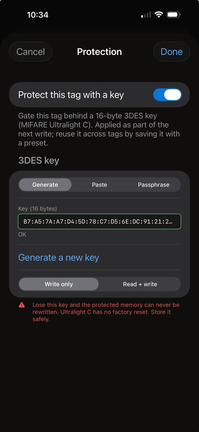 The Hex NFC protection sheet generating a 16-byte 3DES key for a MIFARE Ultralight C tag, with a warning that a lost key cannot be recovered.