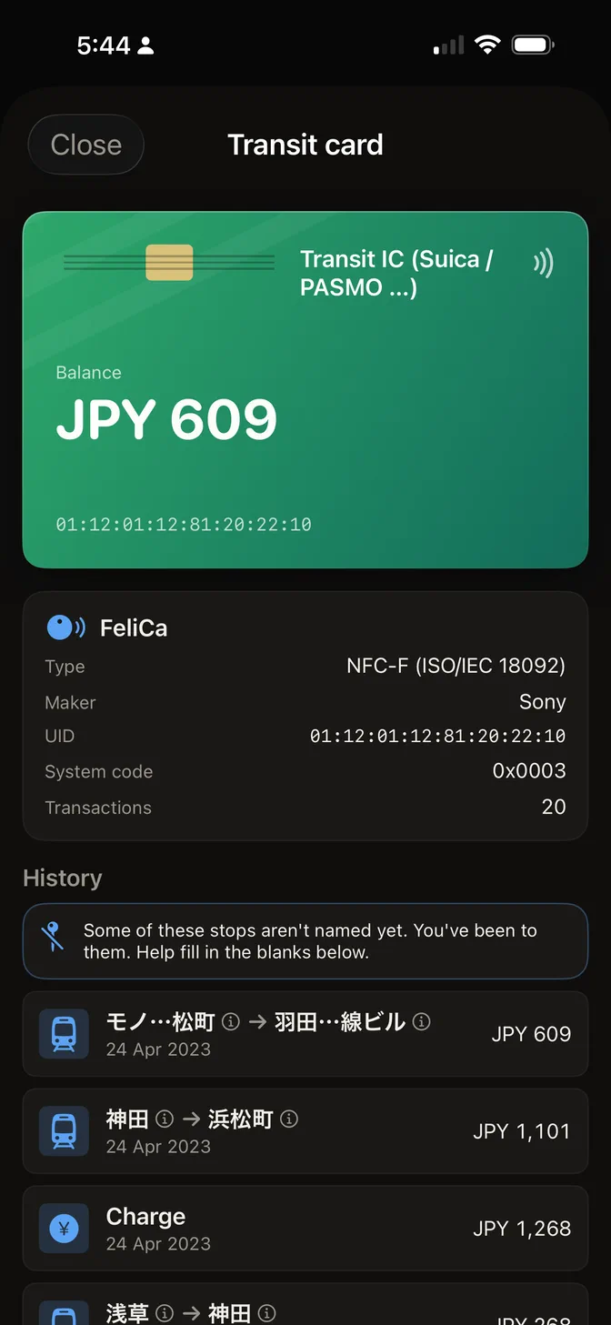 A transit card read result rendered as a replica card with balance and trip history.