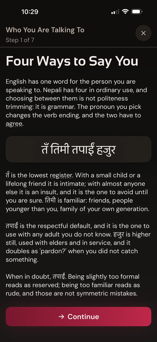 A chapter step titled Four Ways to Say You, explaining the four Nepali second-person pronouns and when each of them is used.