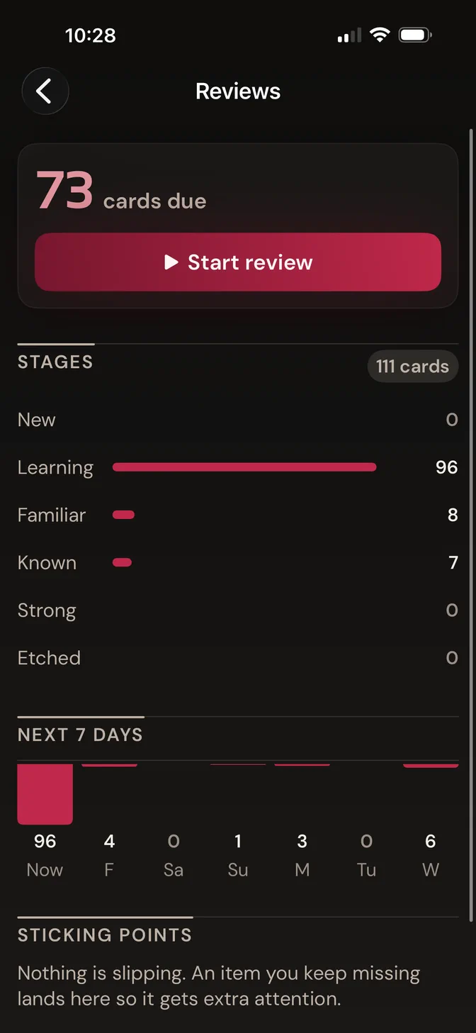 Nepali Companion's spaced repetition dashboard showing due counts and a review forecast.